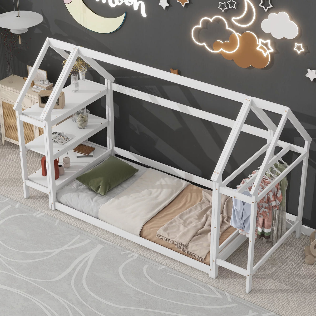 Twin House-Shaped Floor Bed Frame with 2 Detachable Stands White D948455