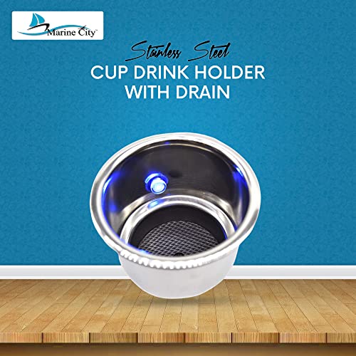 Blue LED Light Cup Holder with Drain Stainless Steel Pack of 1 T58666