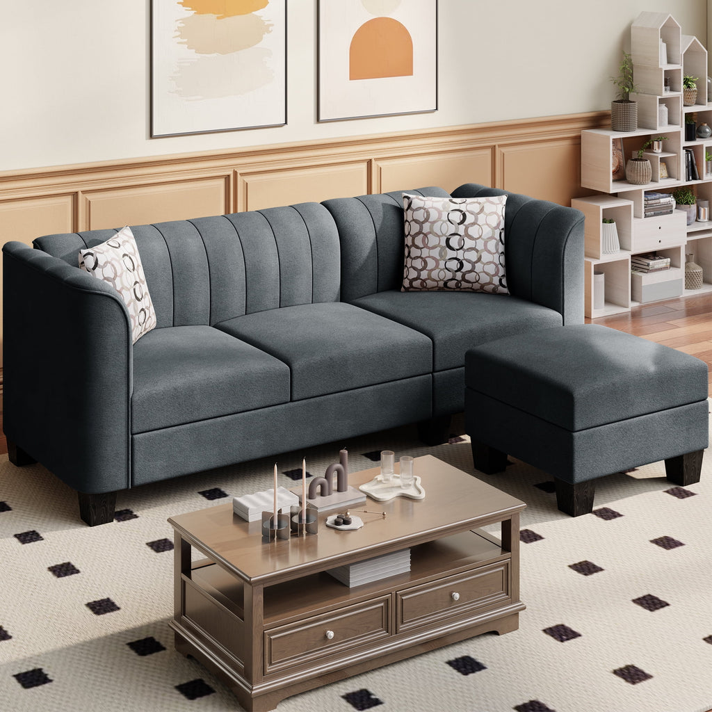 Black L Shaped Linen Fabric Sectional Sofa T3431