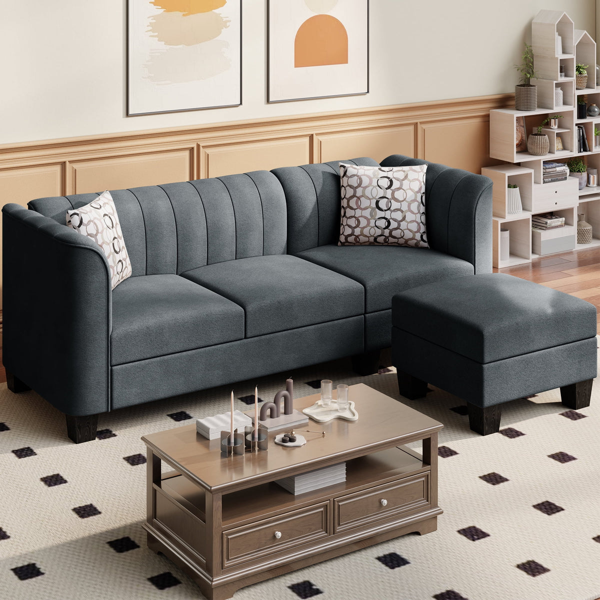 Black L Shaped Linen Fabric Sectional Sofa T3431
