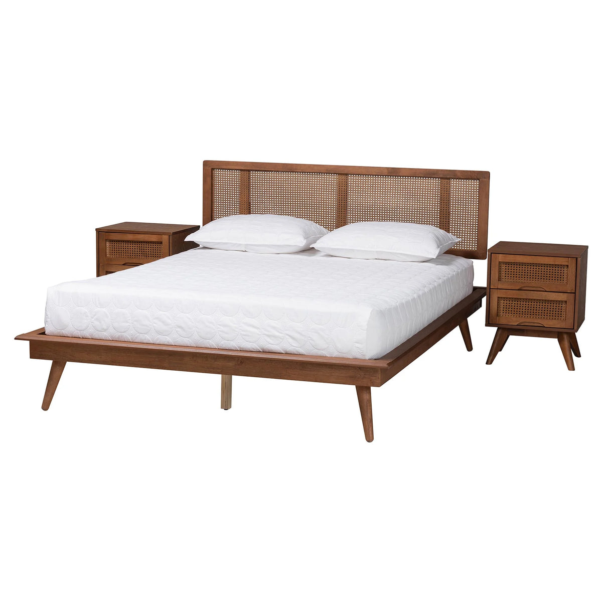 Walnut Brown Wood and Rattan King Size 3-Piece Bedroom Set T16717