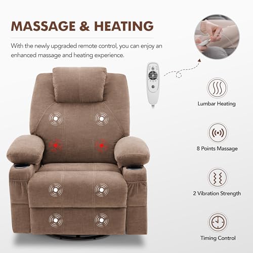 Brown Leather Oversized Swivel Rocker Recliner Chair with Heat and Massage T443977