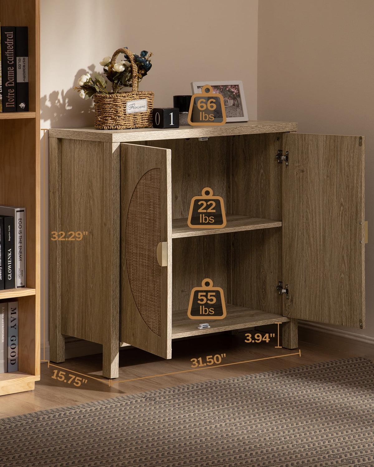 Oak Rattan Sideboard Storage Cabinet Set of 2 Z53374