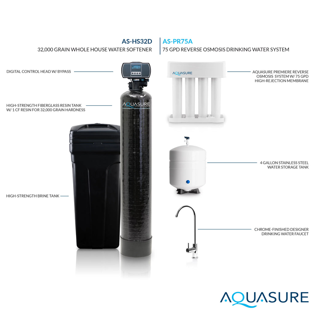 Whole House Water Softener Reverse Osmosis Drinking Water Filter Bundle 32,000 Grains B7921