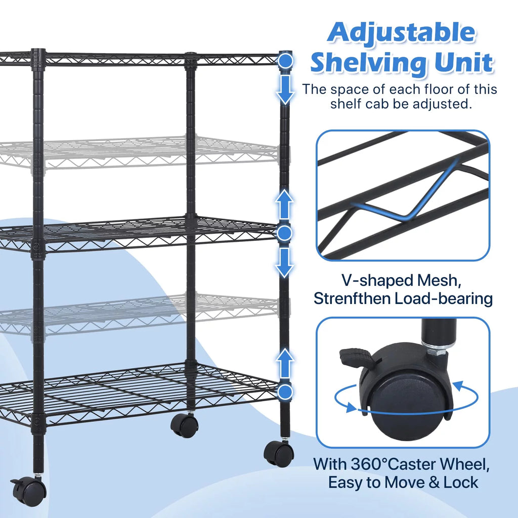 3-Tier Black Adjustable Wire Shelving Unit with Wheels I888968