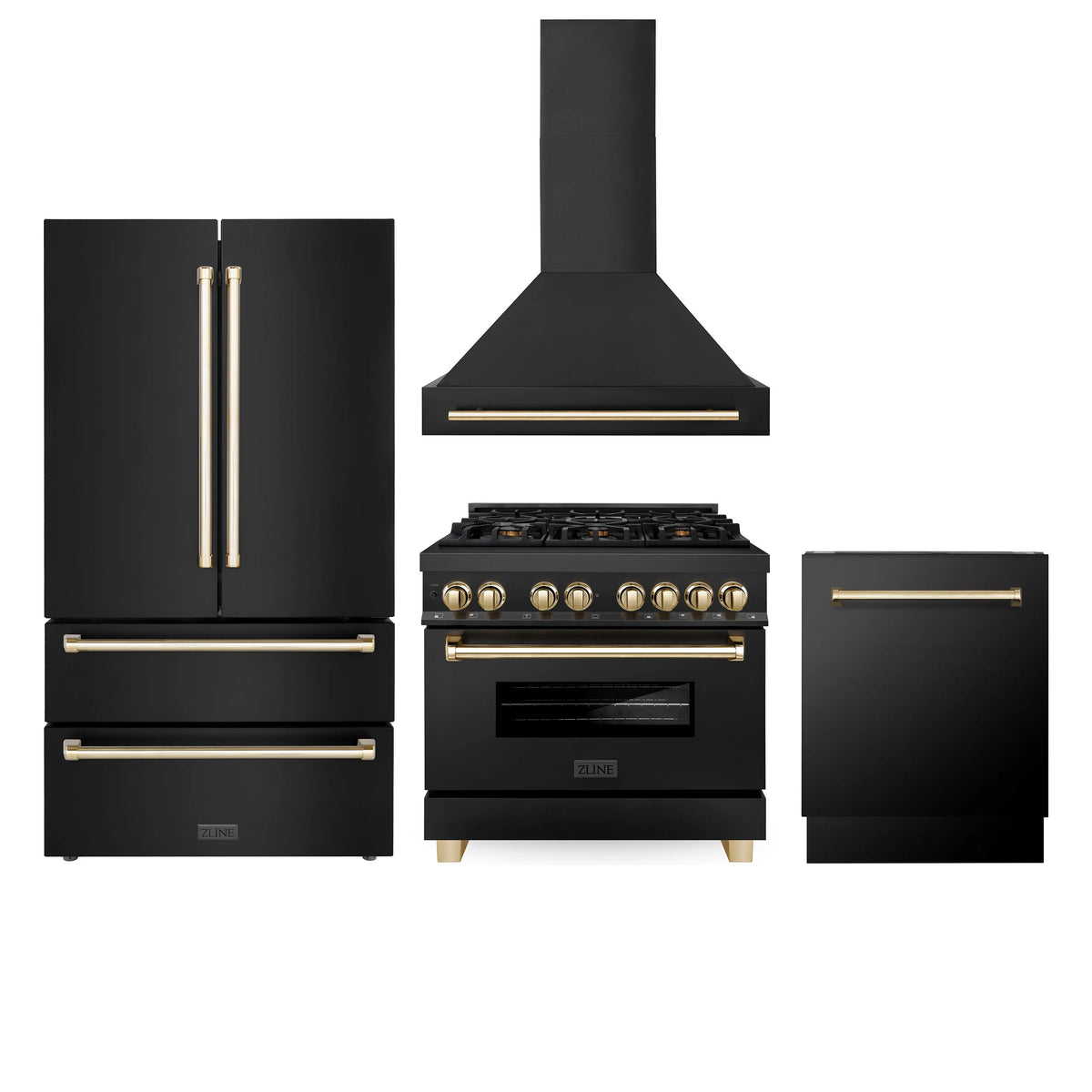 36 Dual Fuel Range, Range Hood, Refrigerator, Dishwasher in Black Stainless O143
