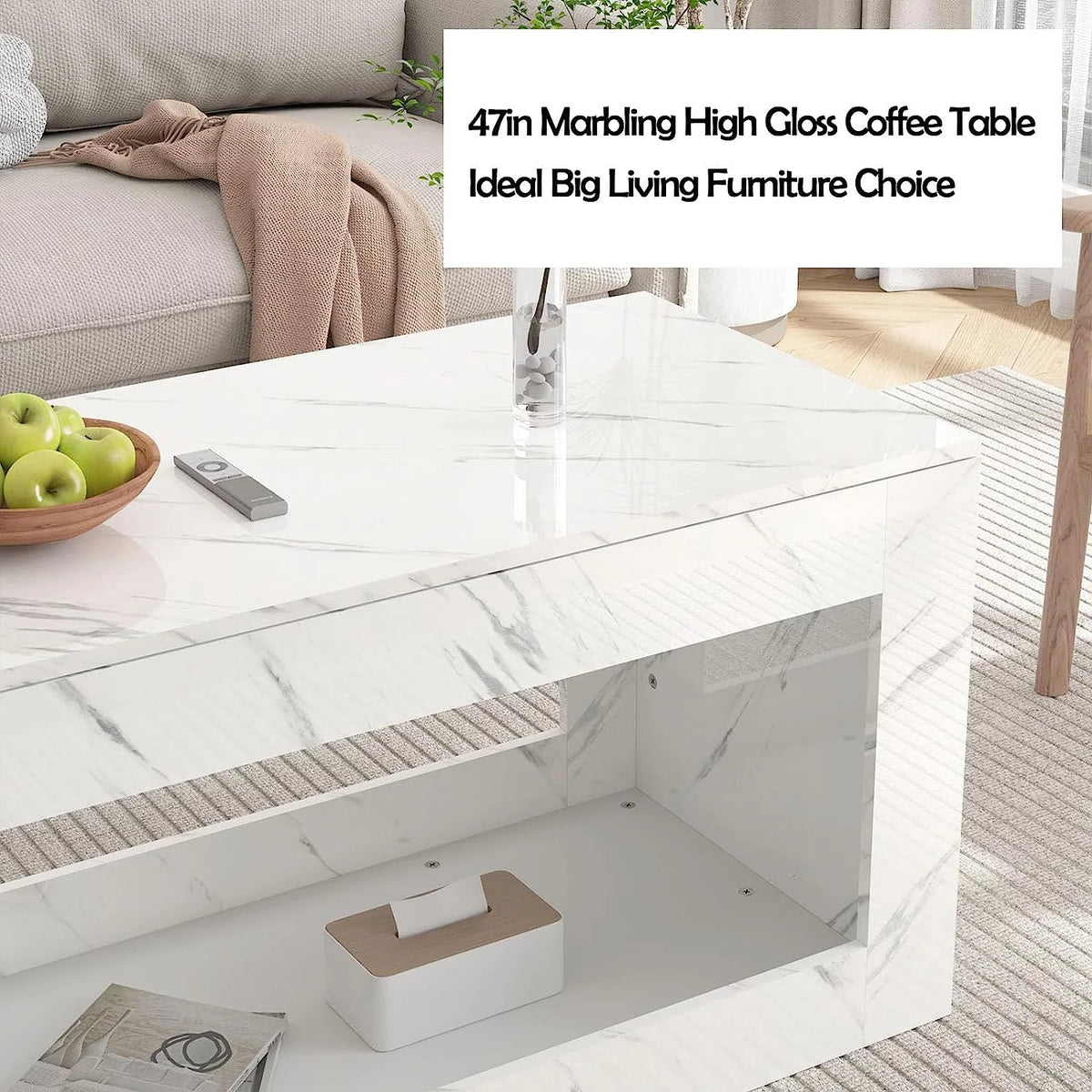 47.3IN High Gloss LED Coffee Table with Marbling Print V539683