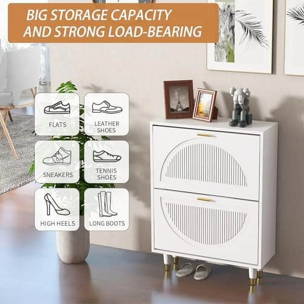 White 2 Flip Drawers Slim Shoe Cabinet E238181