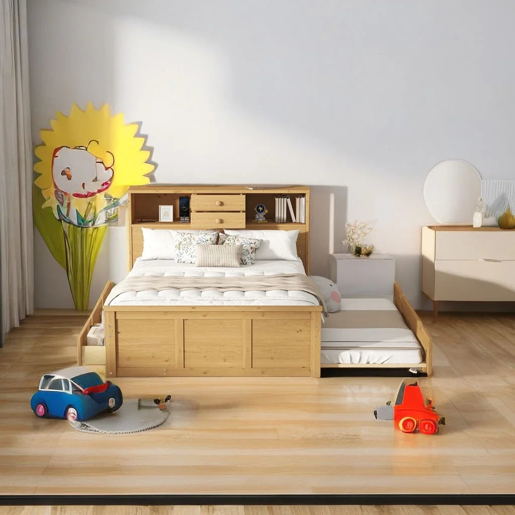 Full Size Wood Platform Bed with Trundle and 3 Drawers S41008