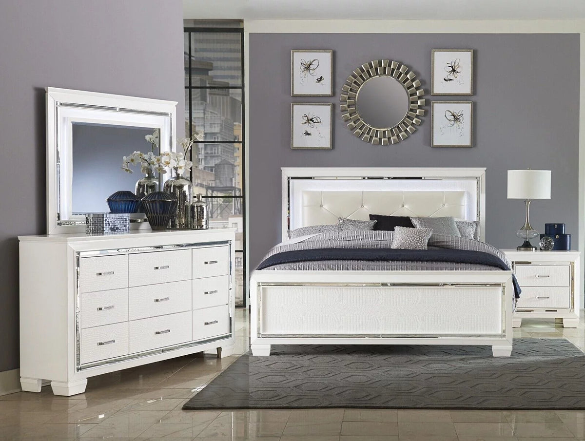 White 4pc Eastern King Bedroom Set with LED Headboard Nightstand Dresser Mirror D35798