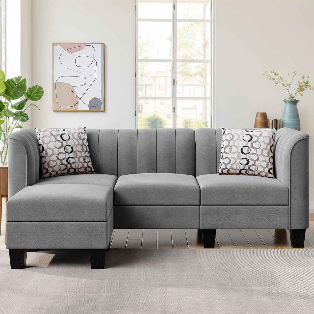 Black L Shaped Linen Fabric Sectional Sofa T3431
