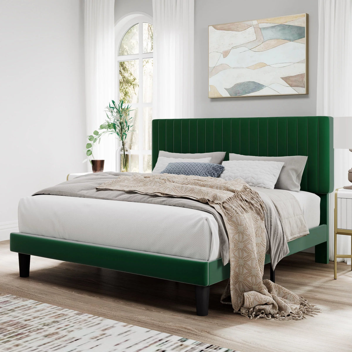 Pink Queen Size Upholstered Platform Bed Frame with Velvet Headboard D917