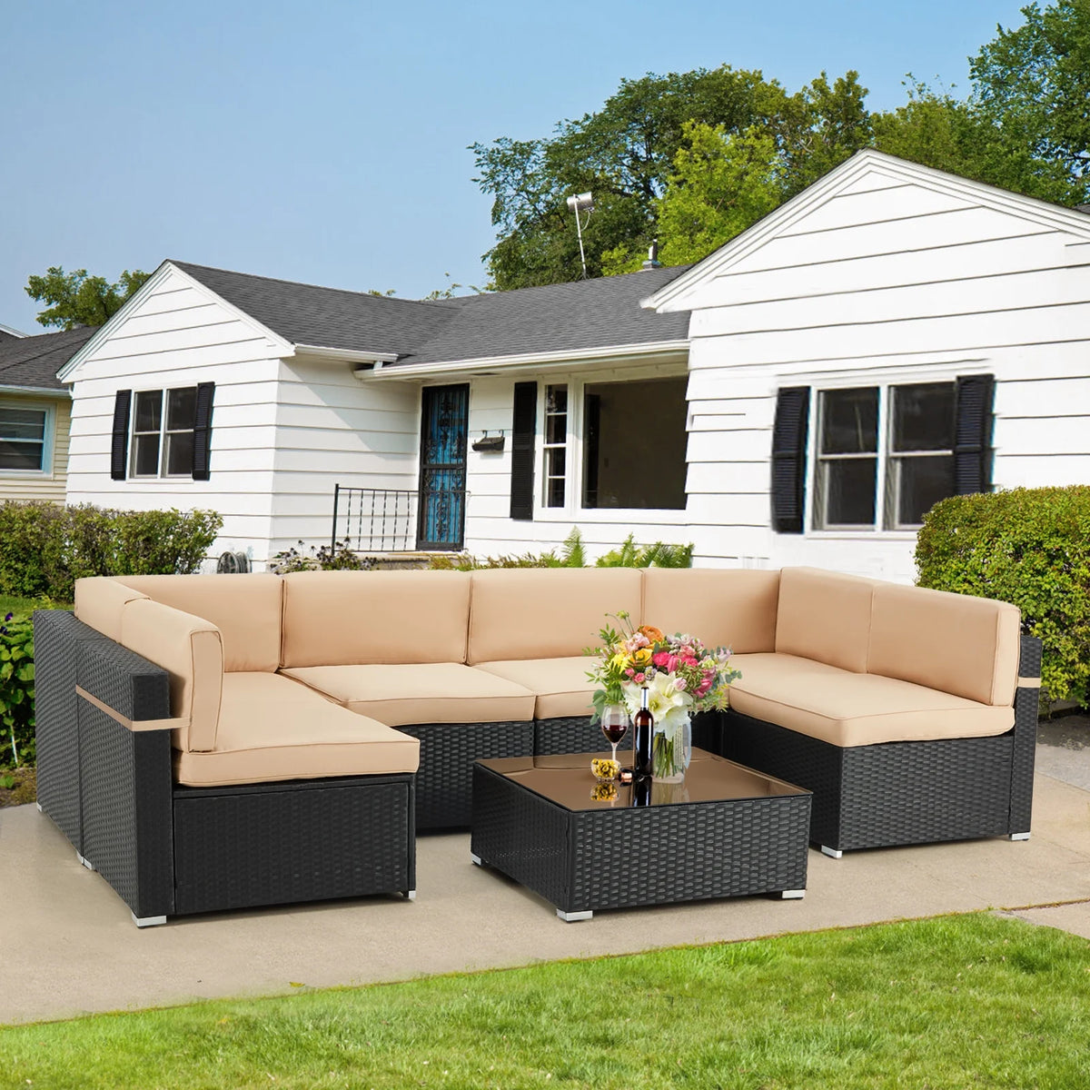 7 Piece Beige Rattan Wicker Sectional Sofa Set with Table V586327