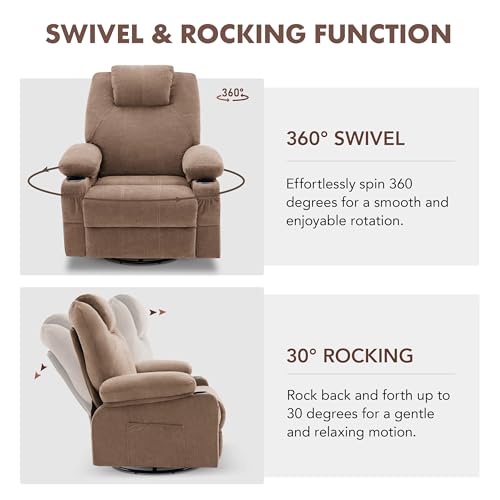 Brown Leather Oversized Swivel Rocker Recliner Chair with Heat and Massage T443977