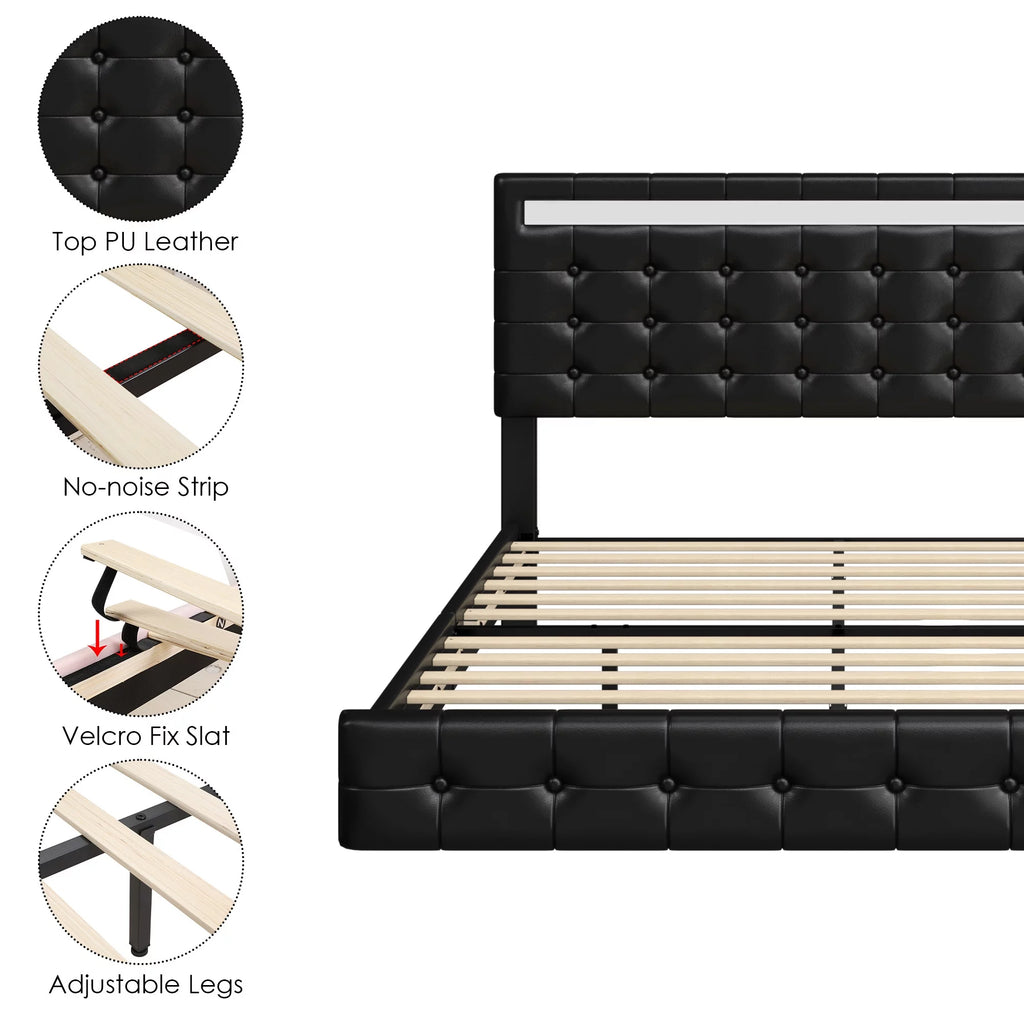 White Queen Floating LED Platform Bed with Storage Z857402