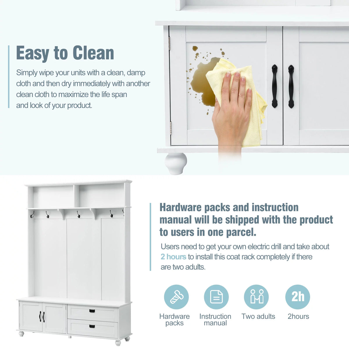 White Hall Tree with Storage Cabinet and 2 Drawers N7673