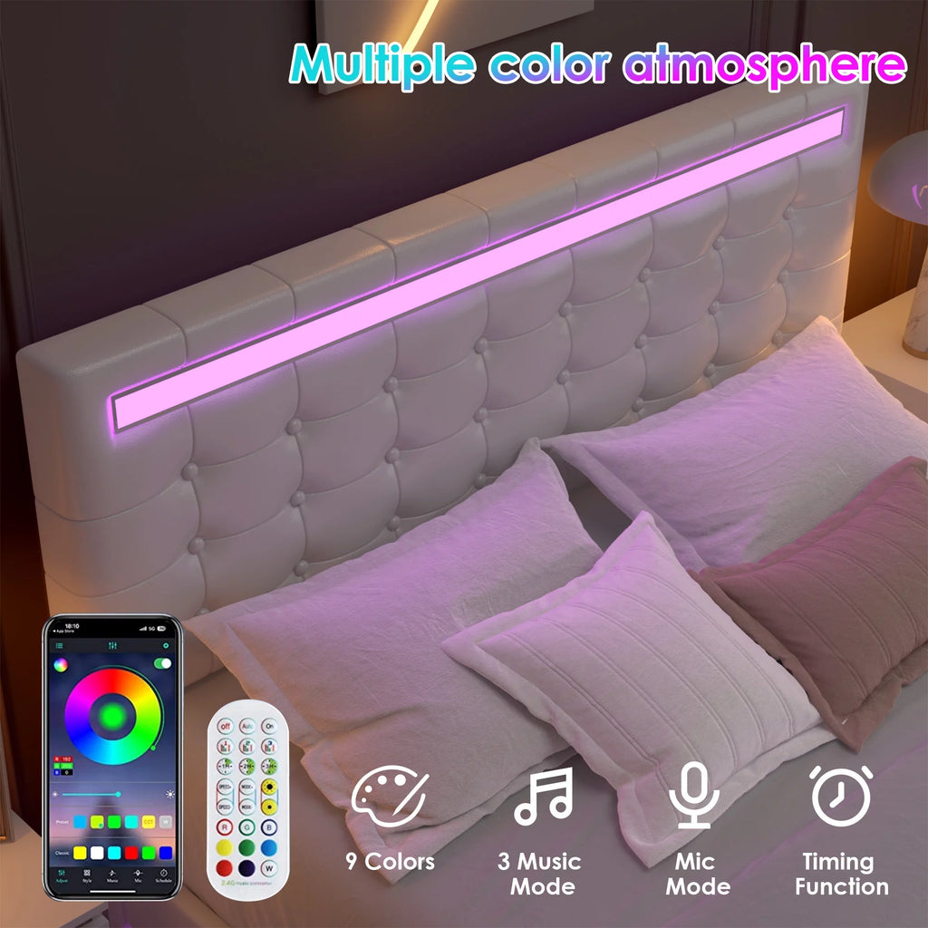 White Queen Floating LED Platform Bed with Storage Z857402