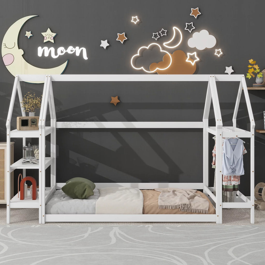 Twin House-Shaped Floor Bed Frame with 2 Detachable Stands White D948455