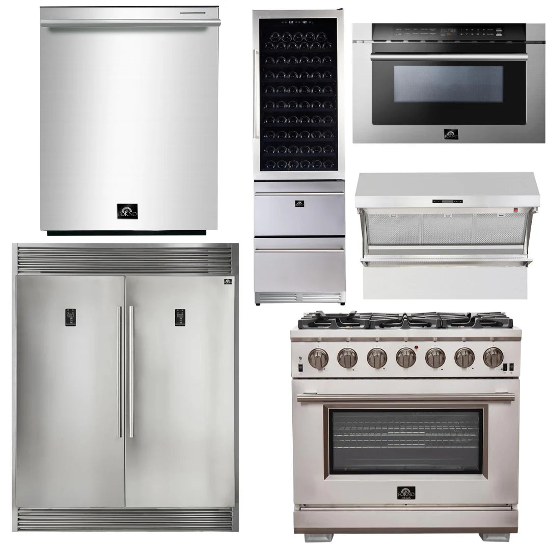 36 Inch Pro Gas Range, Range Hood, Refrigerator, Microwave Drawer, Dishwasher, Wine Cooler A95317
