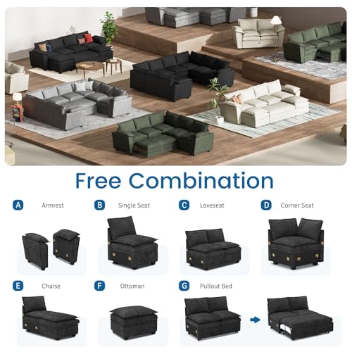 Oversized Modular Sectional Sleeper Sofa with Pull Out Bed and Storage Ottomans Chenille Black K741