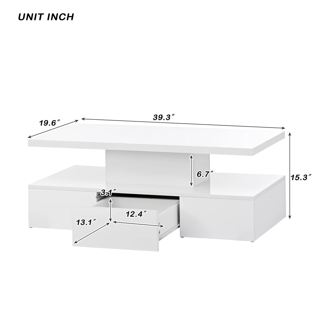 39.3" Coffee Table with Drawer, 2-Tier Rectangle LED White High Gloss V1076