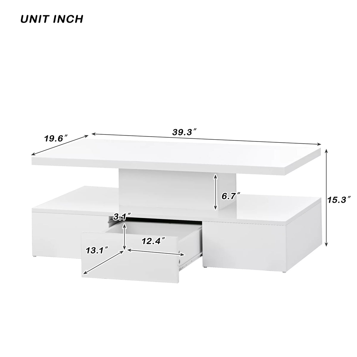 39.3" Coffee Table with Drawer, 2-Tier Rectangle LED White High Gloss V1076