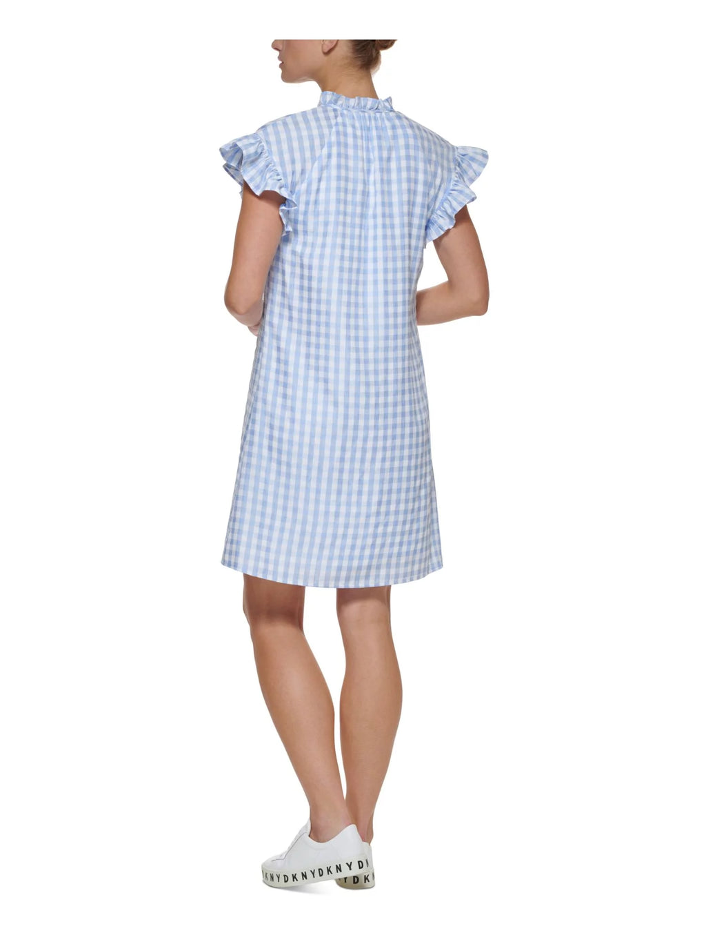 Blue Ruffled Button Detail Lined Gingham Flutter Sleeve Short Shift Dress P7912