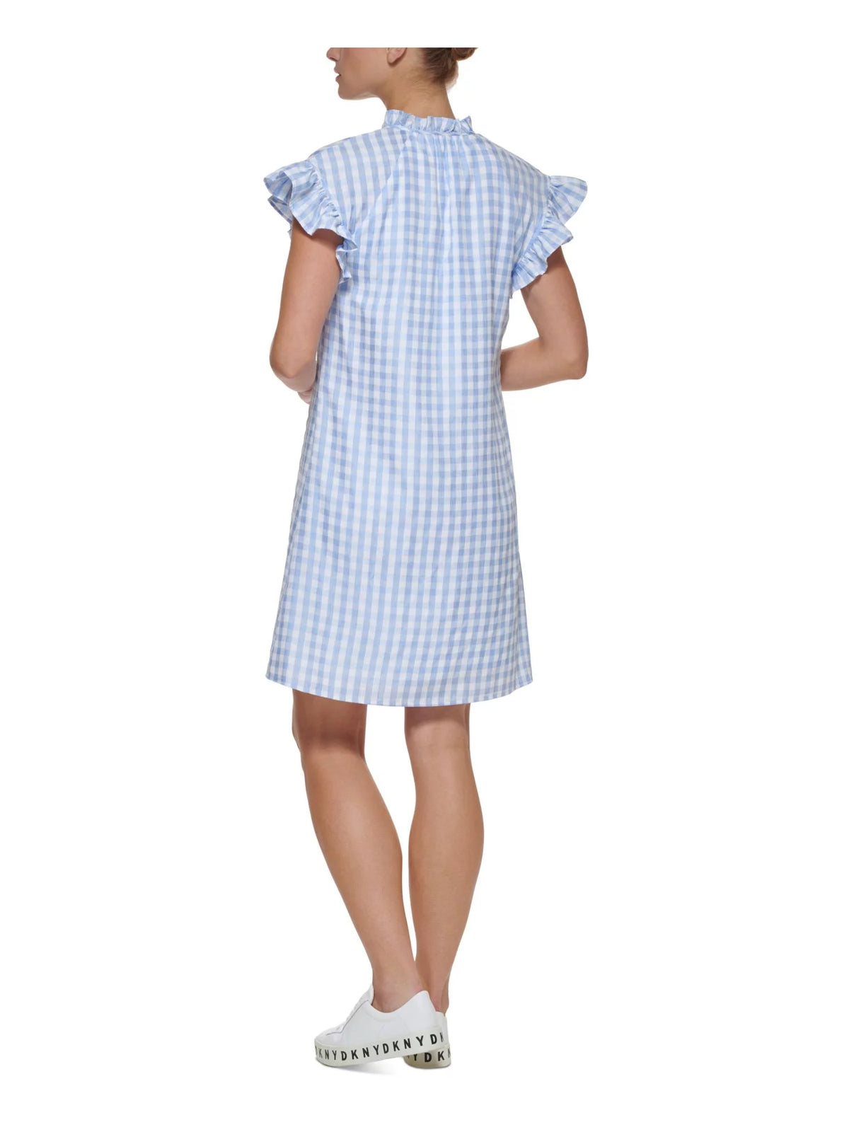 Blue Ruffled Button Detail Lined Gingham Flutter Sleeve Short Shift Dress P7912