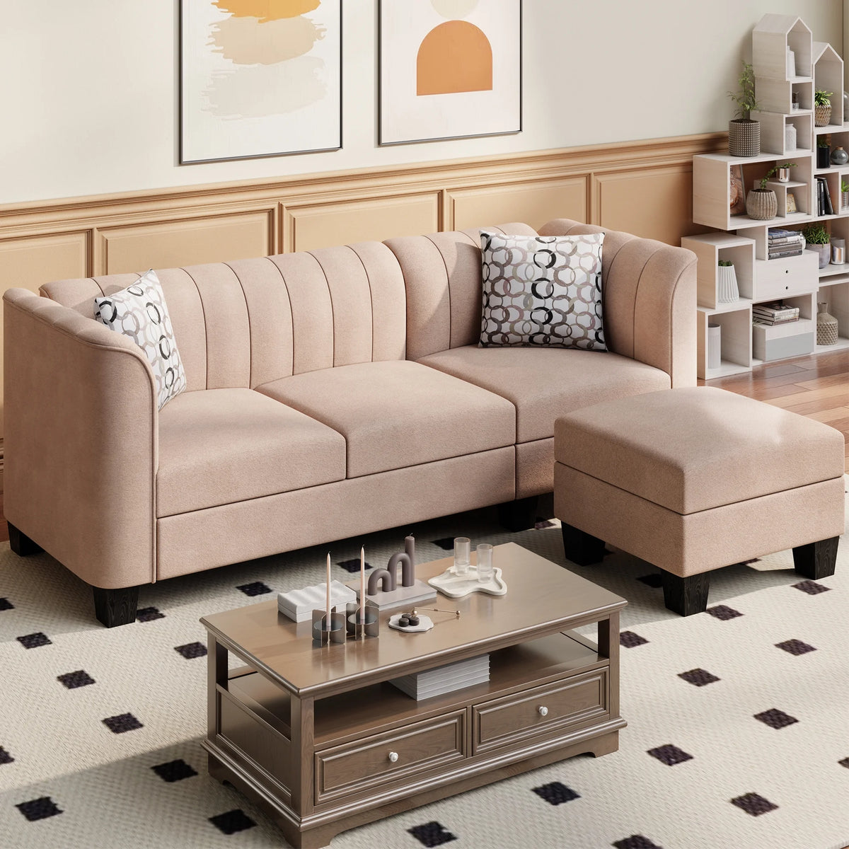 Black L Shaped Linen Fabric Sectional Sofa T3431