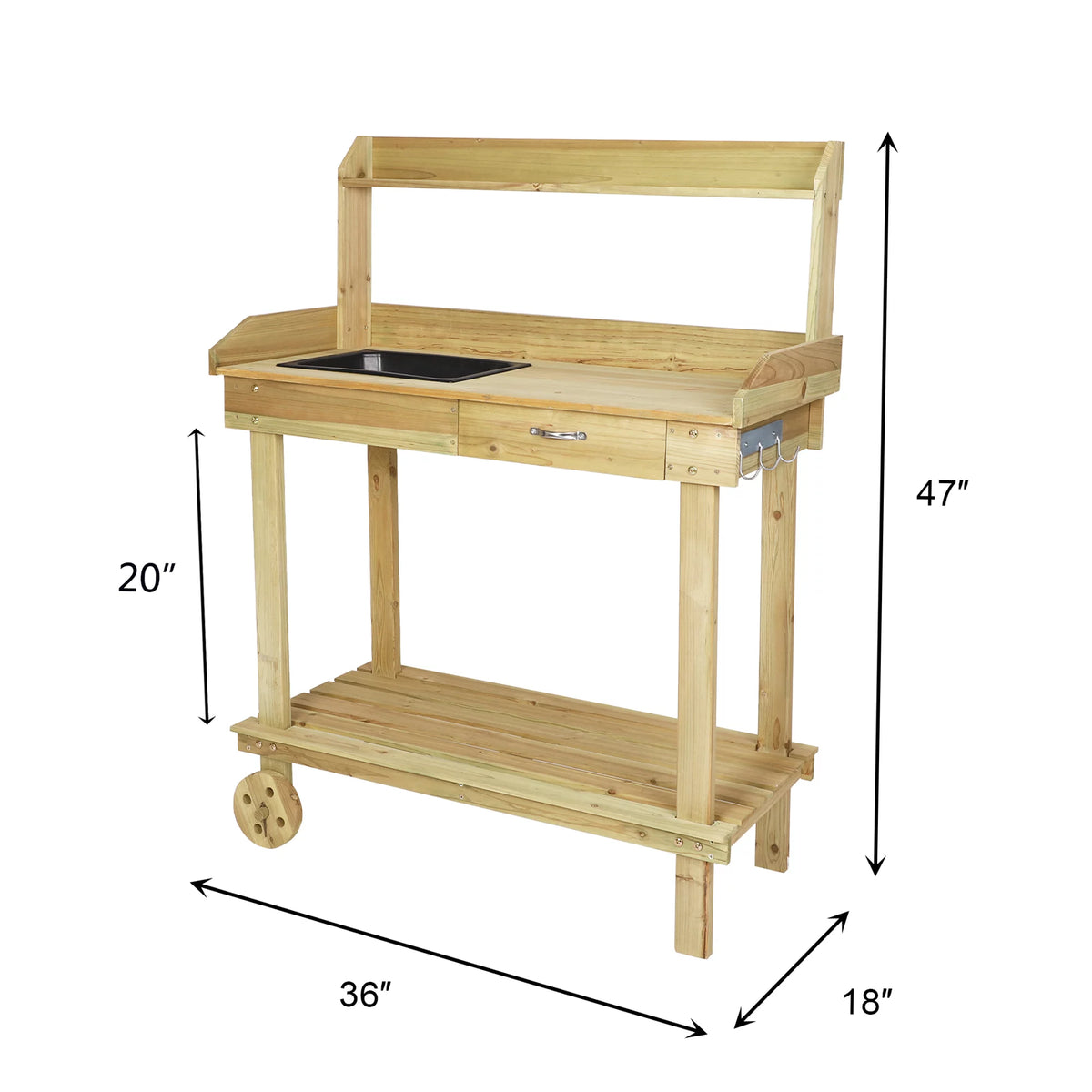 Wooden Potting Bench Table with Wheels and Drawer R612