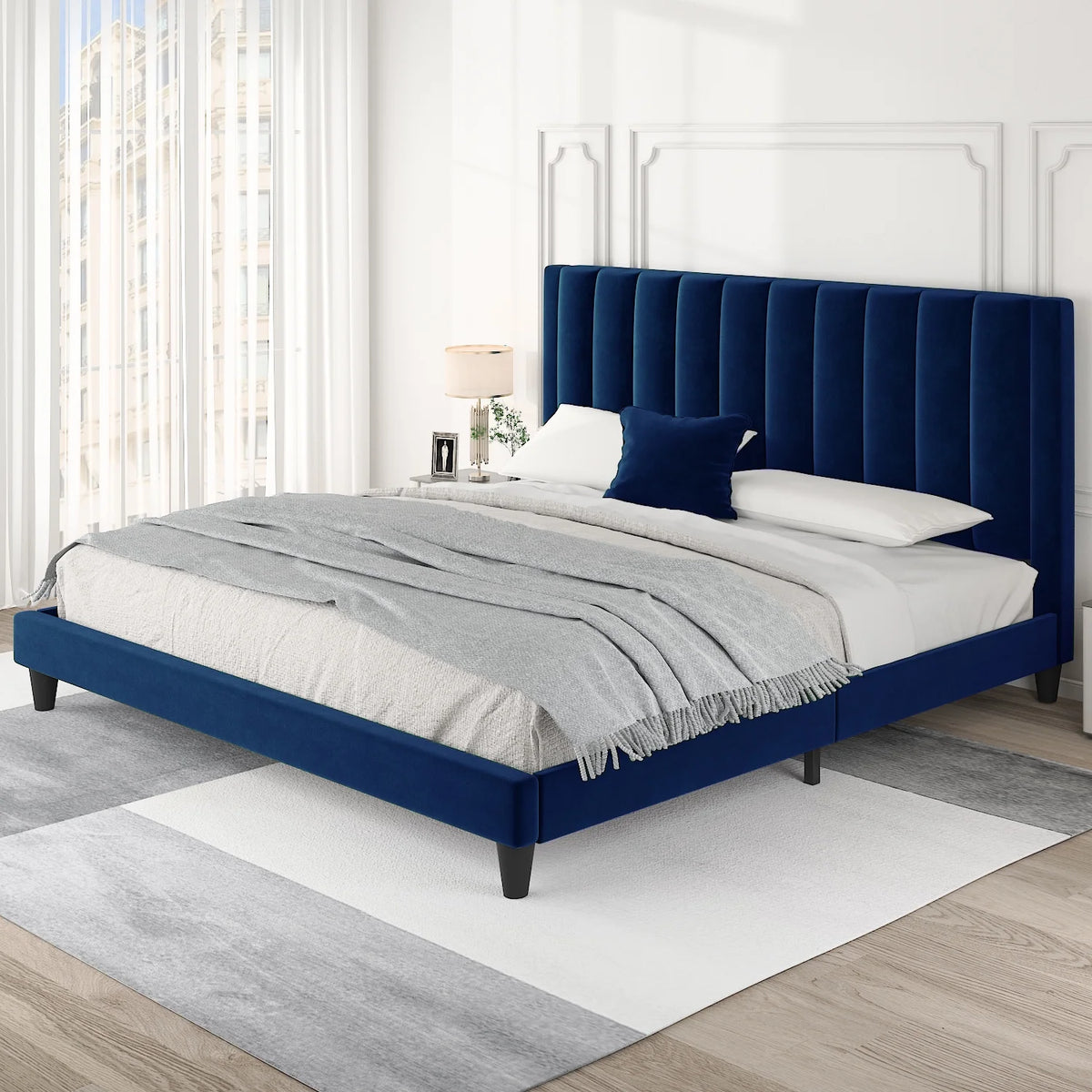 Full Size Platform Bed Frame with Velvet Headboard P811