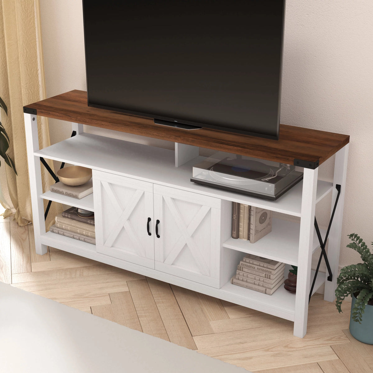 60" White Media Console with Rustic Oak Top J67585