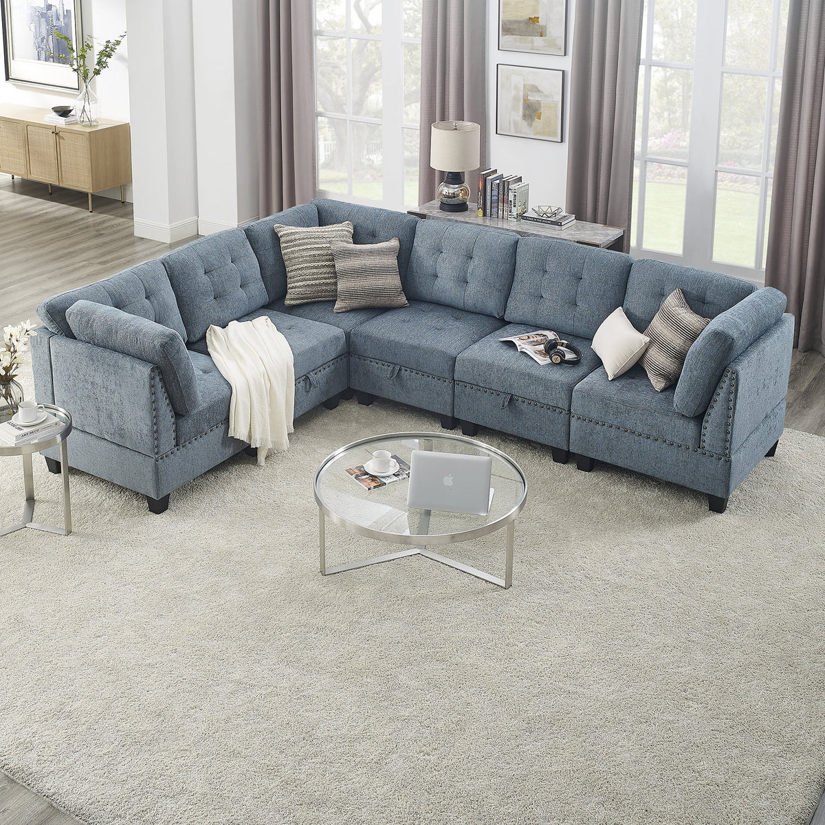 Navy Chenille L Shape Modular Sectional Sofa W307