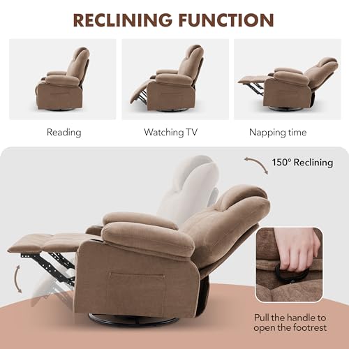 Brown Leather Oversized Swivel Rocker Recliner Chair with Heat and Massage T443977